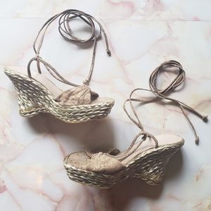 Stuart Weitzman Y2K Gold Leather Lace Up Jute …